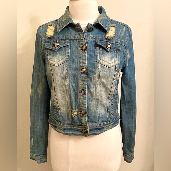 Jou Jou Blue Distressed Faded Grunge Button Down Long Sleeve Crop Jean Jacket M - Picture 1 of 14